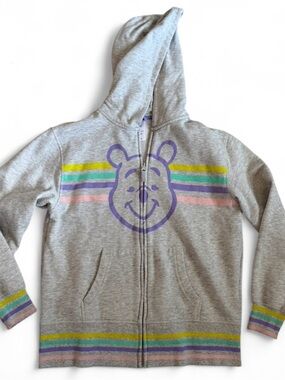 Disney Grey Hoodie with Purple Pooh Face and Pastel Stripes